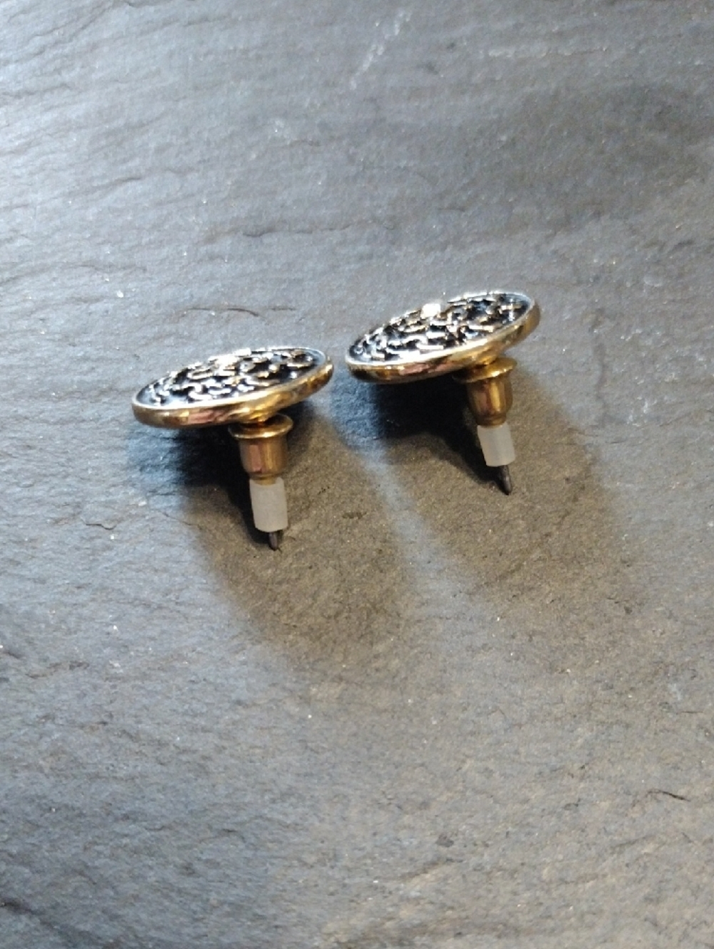 Round Gold-Tone Black Filigree Stud Earrings - Picture 2 of 4